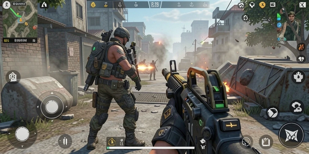 Screenshot menunjukkan aksi seru pertempuran dalam GOWIN dengan gameplay TPS.
