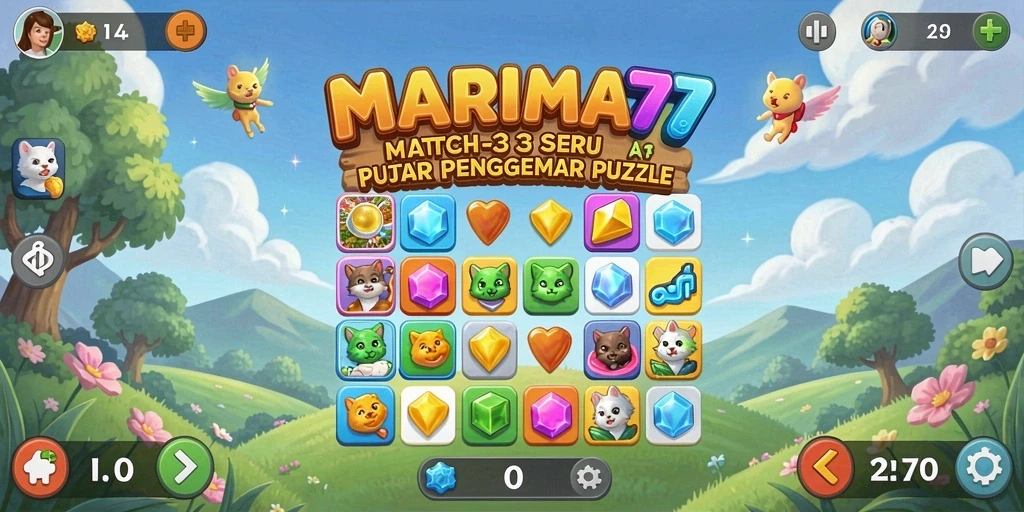 Tangkapan layar dari gameplay seru MARIMA77 yang menampilkan level Match-3.