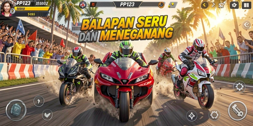 Tangkapan layar permainan balapan PP123 yang menunjukkan aksi mendebarkan.