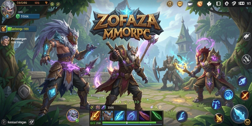 Screenshot gameplay ZOFAZA yang menunjukkan pertempuran epik di dunia MMORPG.